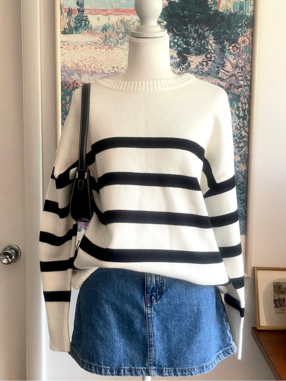 French Connection Sweater Womens Medium Breton Stripe White Black Crew Parisian
